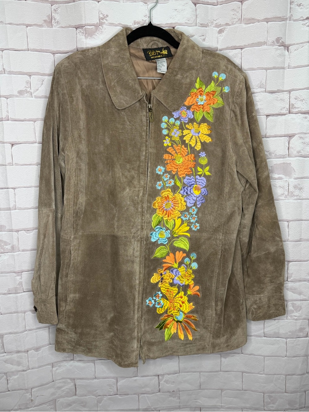 Bob Mackie Wearable Art Embroidered Leather Jacket Size Lg Boho Floral Statement
